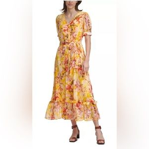 Calvin Klein Printed Elbow-Sleeve Button-Front Chiffon Maxi Dress (Size 2) EUC